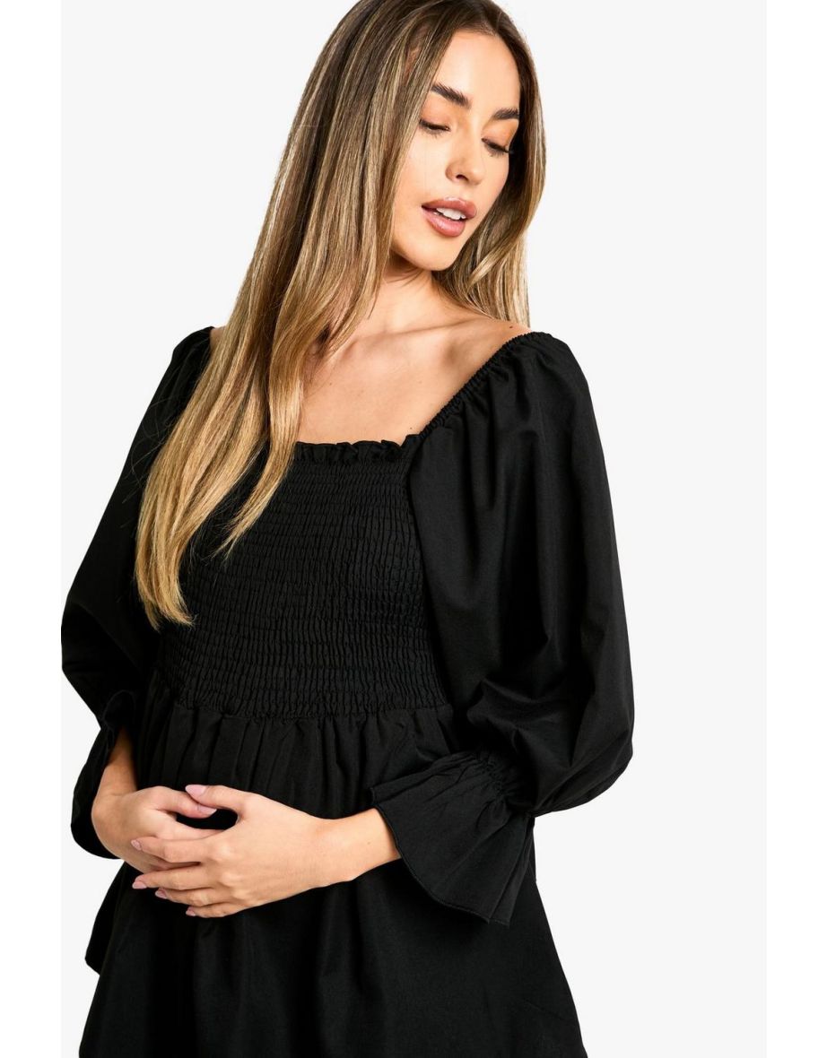 Maternity Woven Shirred Long Sleeve Smock Top - black - 3