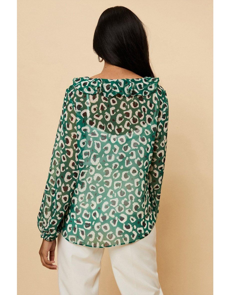 Petite Green Animal Wrap Ruffle Top - 2