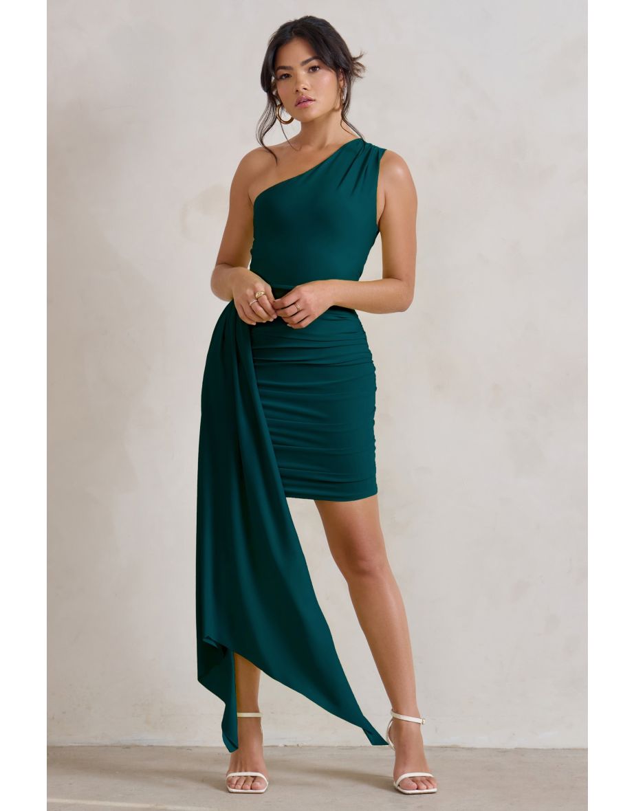 Charlie | Bottle Green One Shoulder Ruched Mini Dress With Statement Drape