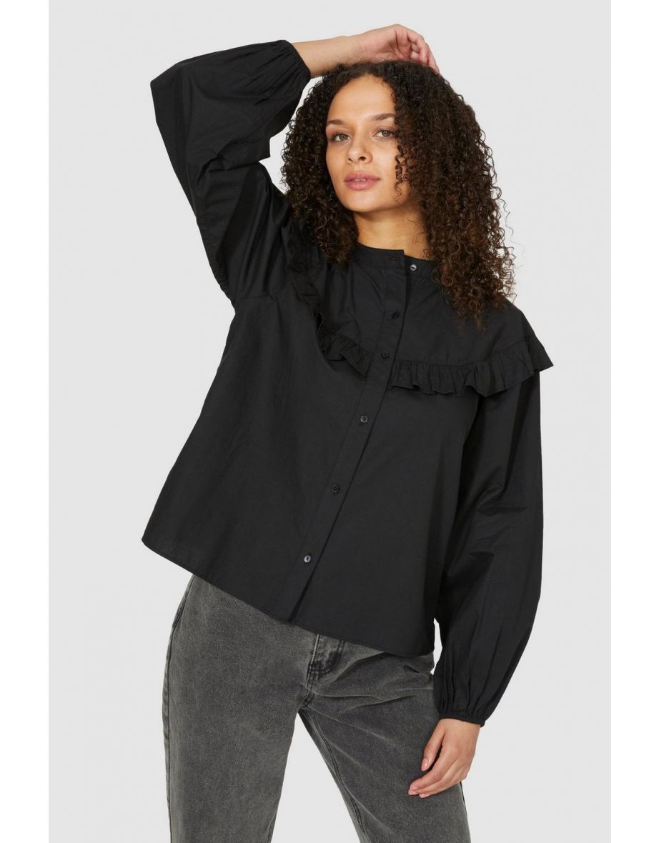 Frill Yoke 3/4 Shirt - black