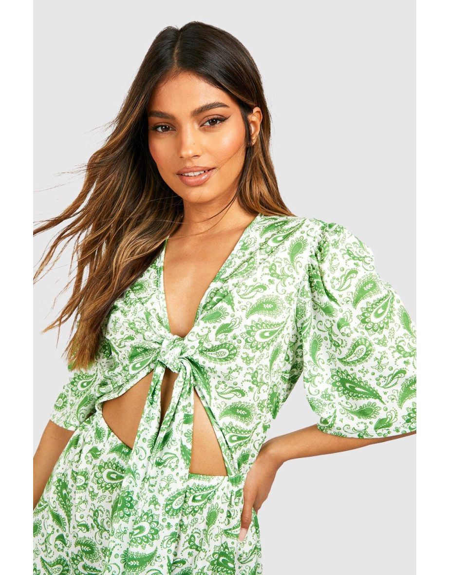 Paisley Print Tie Detail Playsuit - green - 3