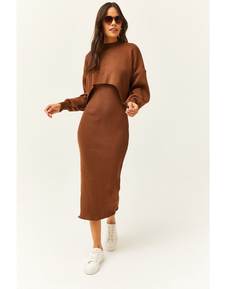 Women's Bitter Brown Top Crop Sweater Bottom Strap Dress Knitwear Suit