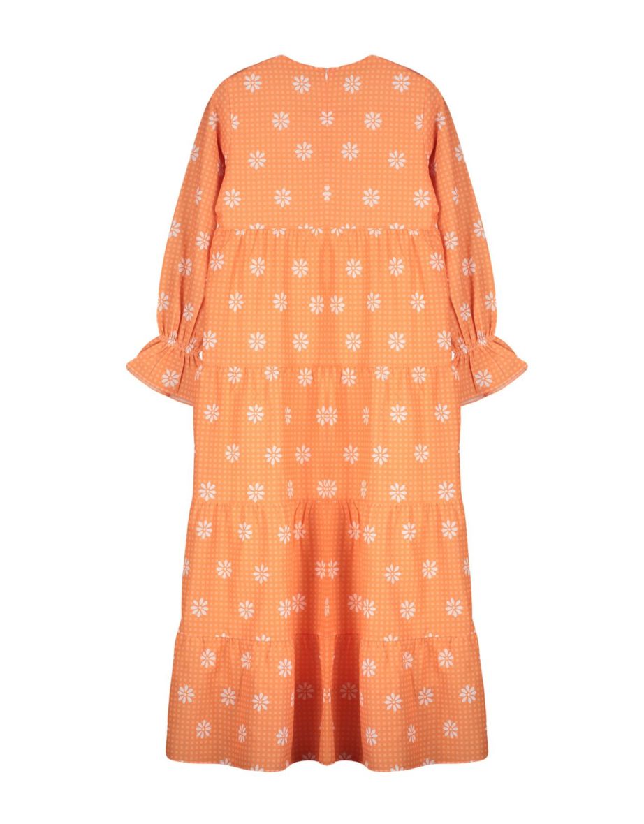 Orange Lined Floral Woven Terrycotton Hijab Dress - 7