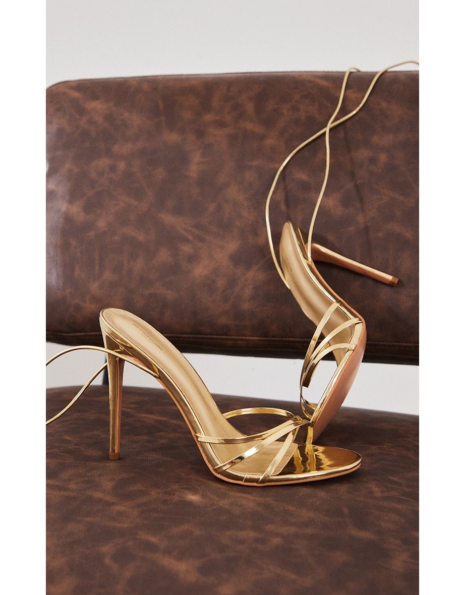 Gold Metallic Wide Fit Round Toe Lace Up High Heeled Sandals