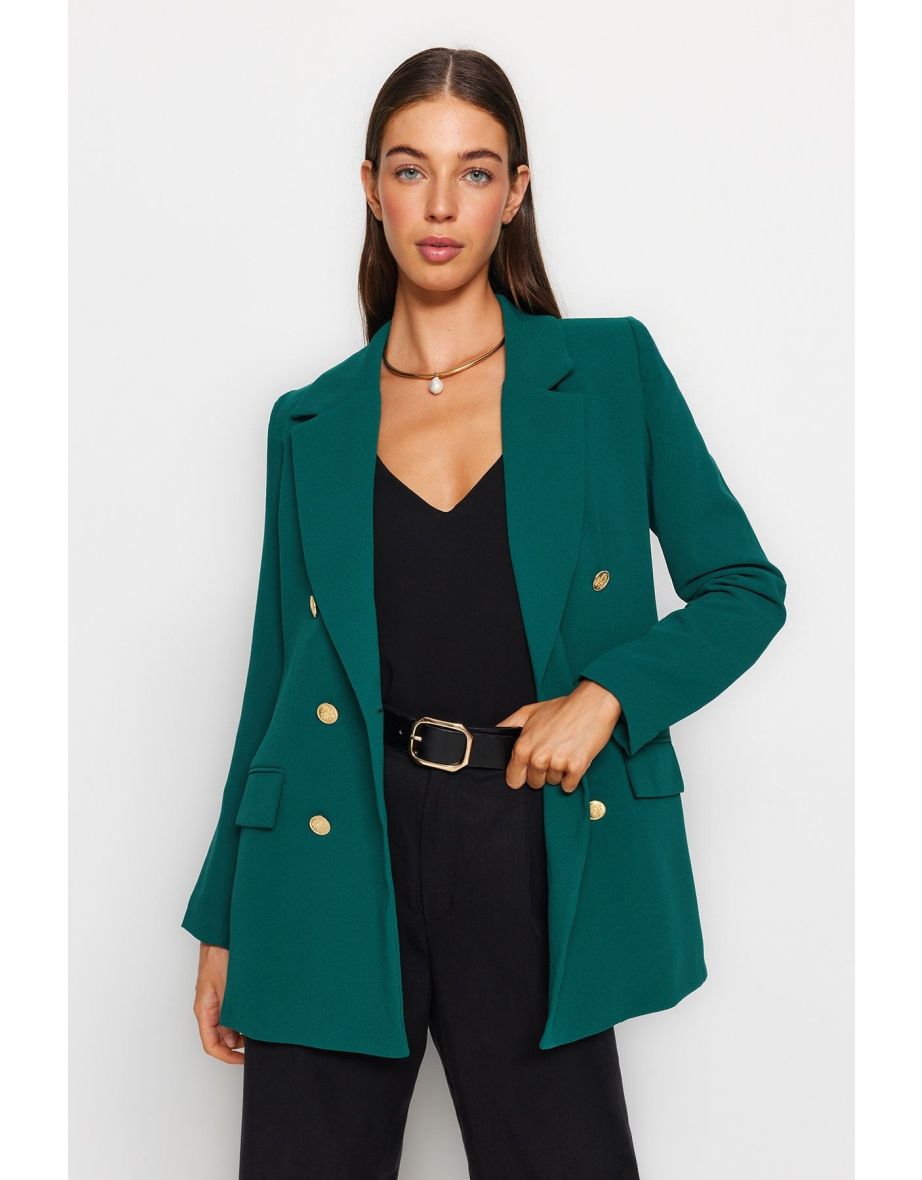 Emerald Green Oversize Lined Double Breasted Closure Woven Blazer Jacket