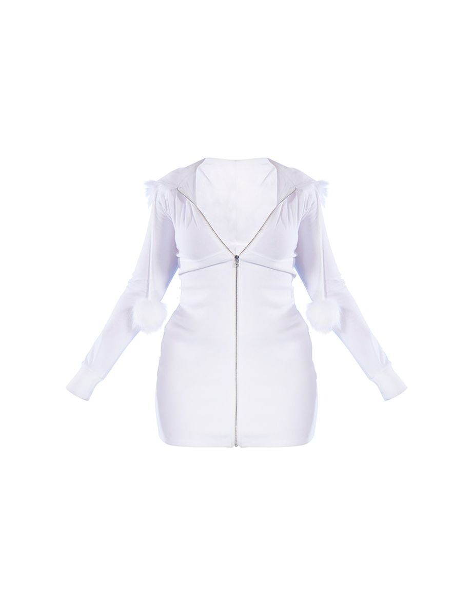 White Faux Fur Trim Hooded Bodycon Dress - 3