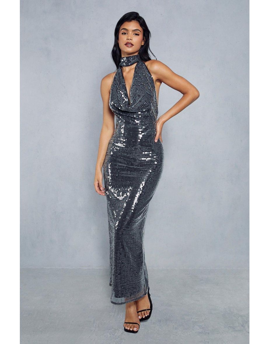 Sequin Choker Neck Halterneck Backless Maxi Dress