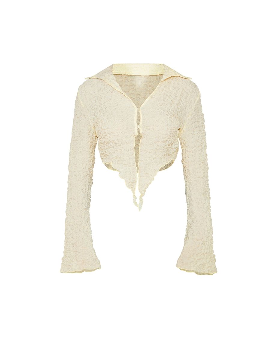Cream Textured Dip Hem Flute Sleeve Shirt - 4