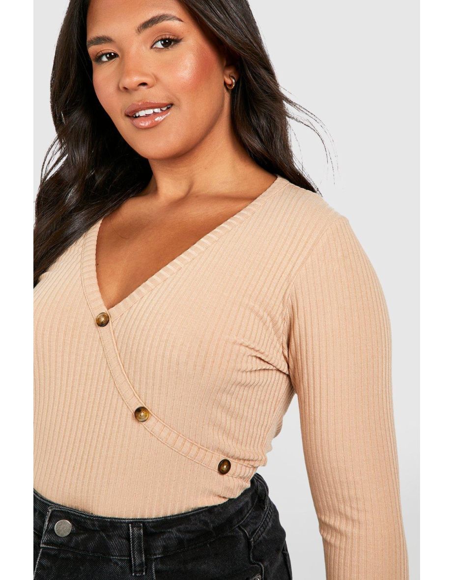 Plus Soft Rib Button Detail V Neck Top - stone - 3