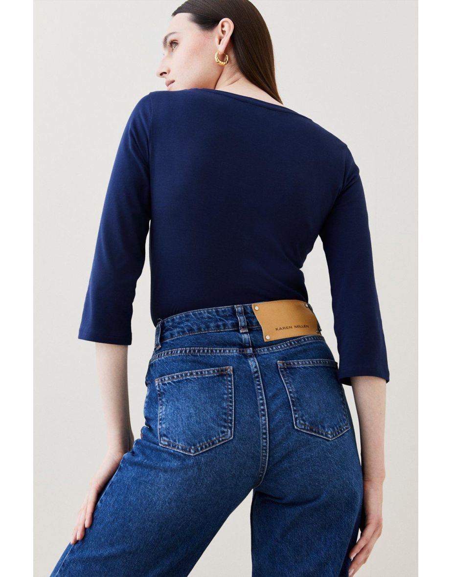 Cotton Scoop Neck 3/4 Sleeve T-shirt - 2