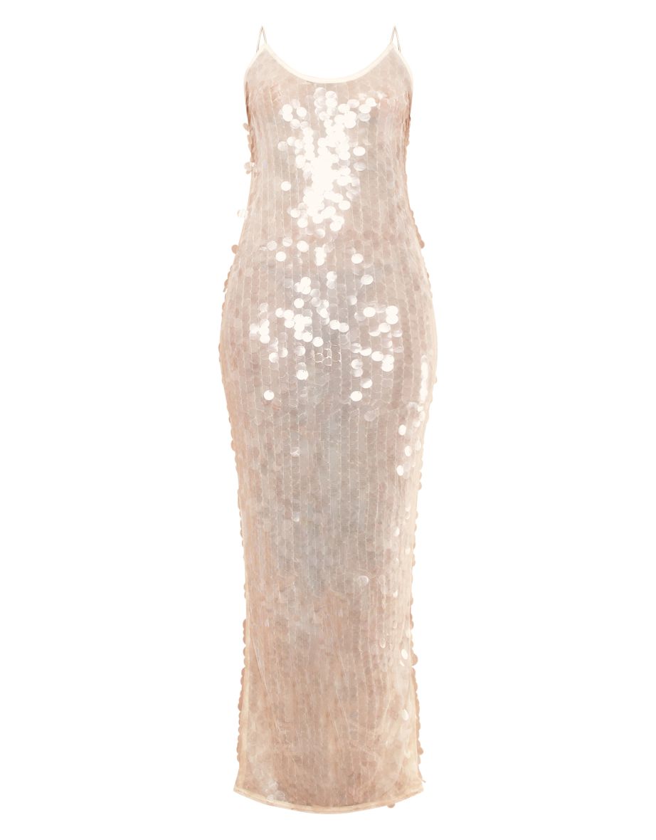 Cream Sheer Sequin Sheer Maxi Dress - 4