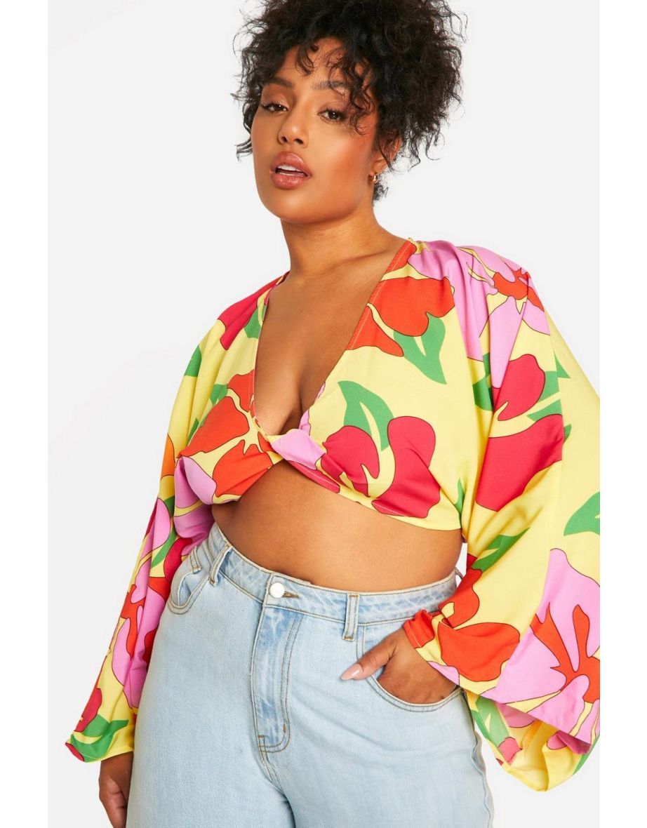 Plus Floral Twist Long Sleeve Crop Top - floral - 3