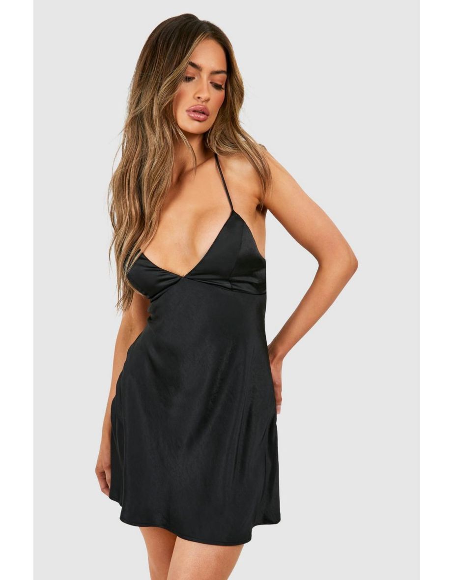Satin Cross Back Mini Slip Dress - black
