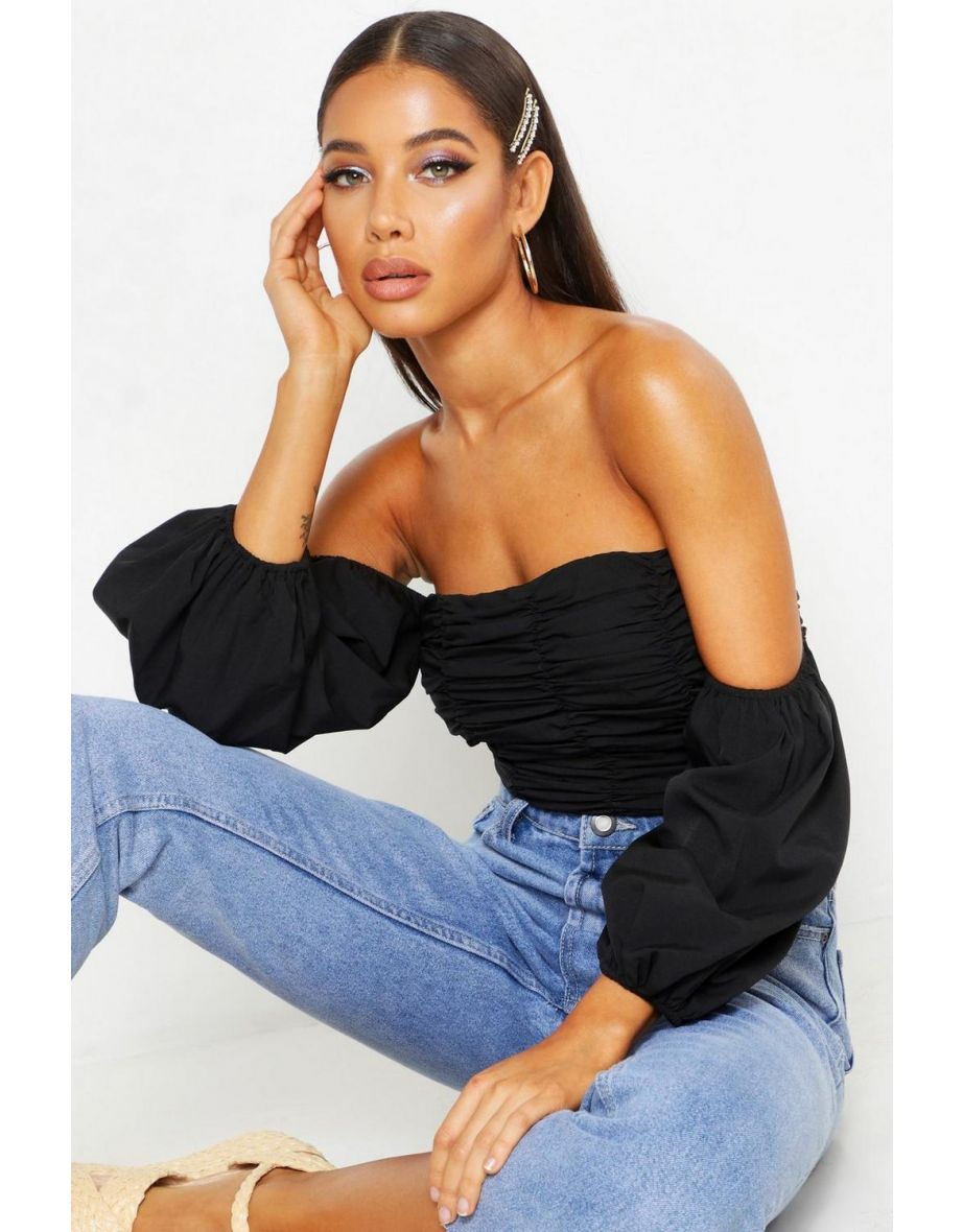 Ruched Volume Sleeve Crop Top - black