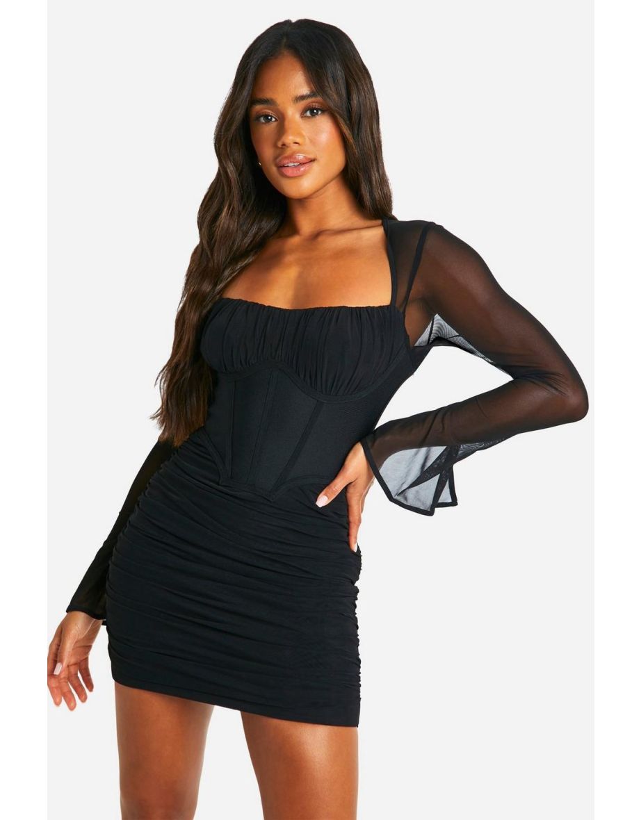 Shop Premium Power Mesh Flare Sleeve Dress black Online in Bahrain VogaCloset