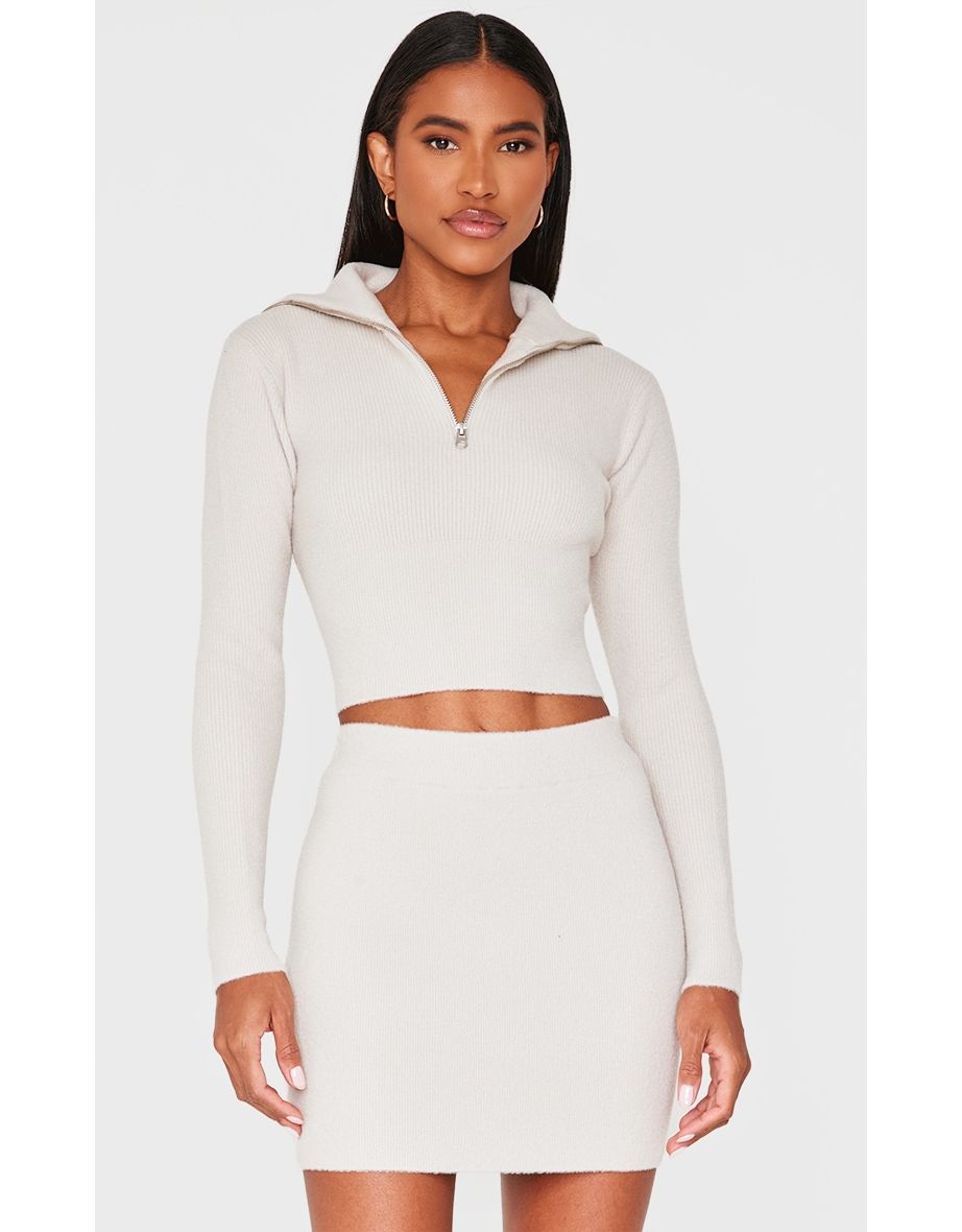 Slate Grey Soft Knit Zip Up Roll Neck Cropped Jumper
