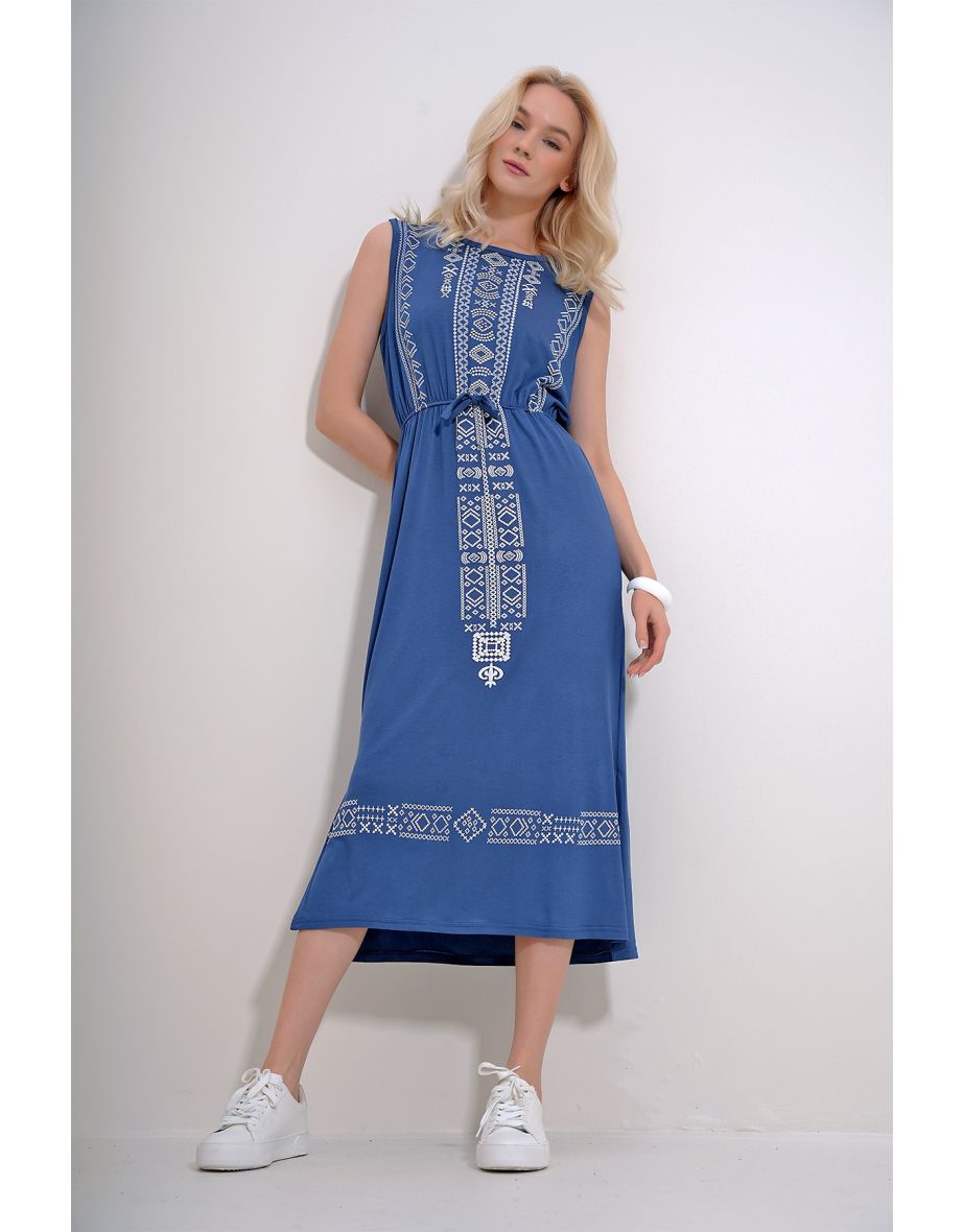 Women's Indigo Embroidery Printed Bohemian Dress