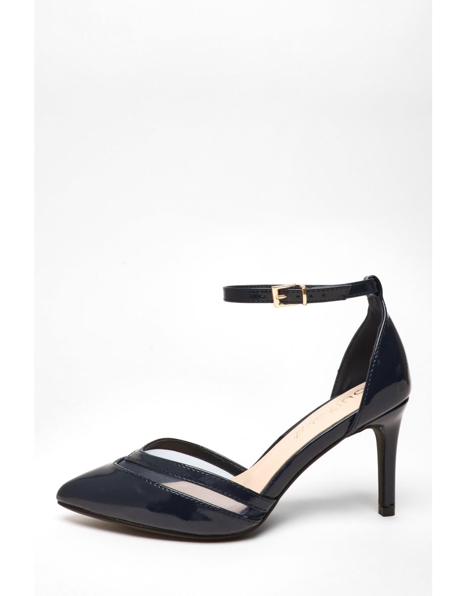 Wide Fit Navy Patent Faux Leather Mesh Court Heels - 4