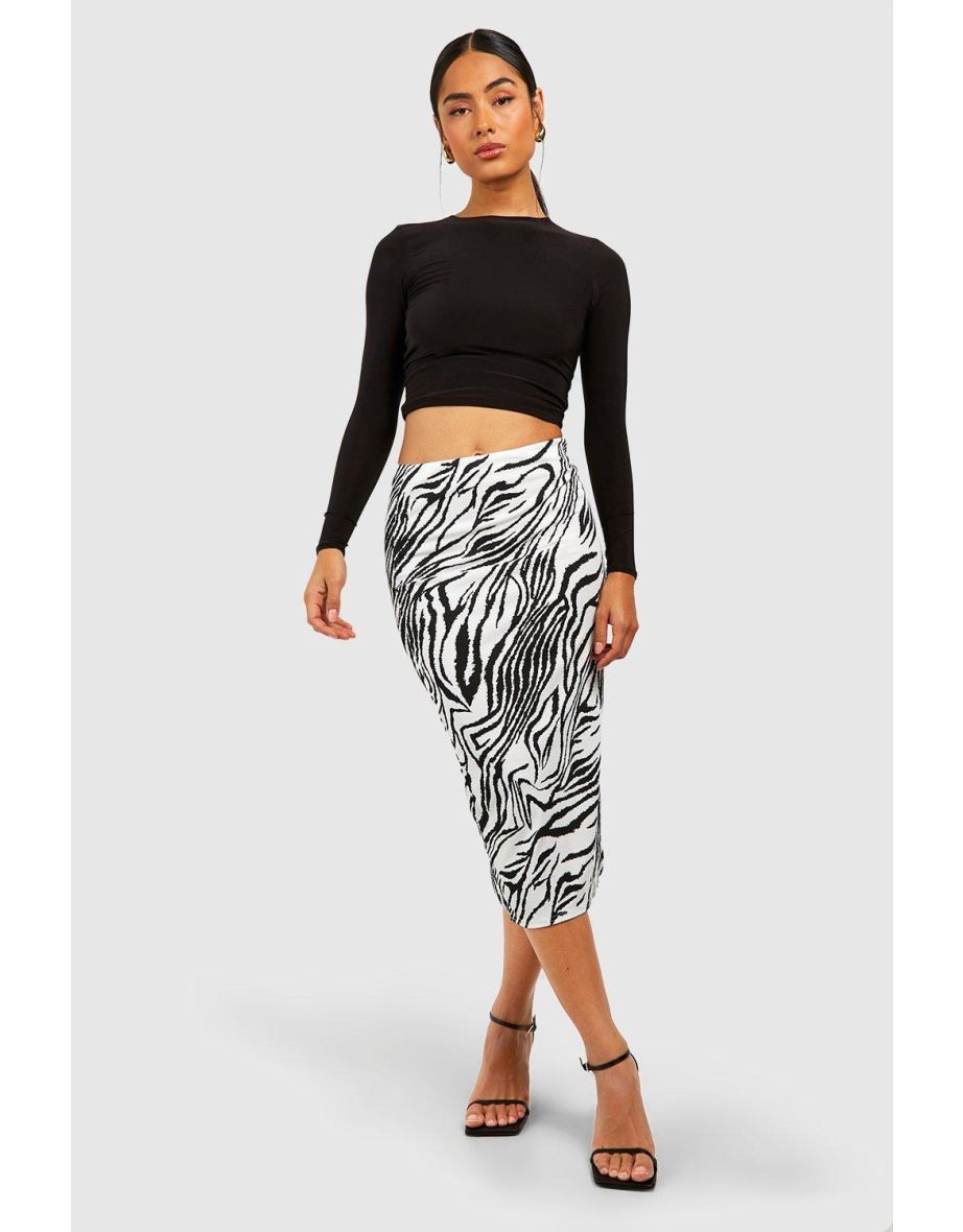 Zebra Print Rib Side Split Midi Skirt - black