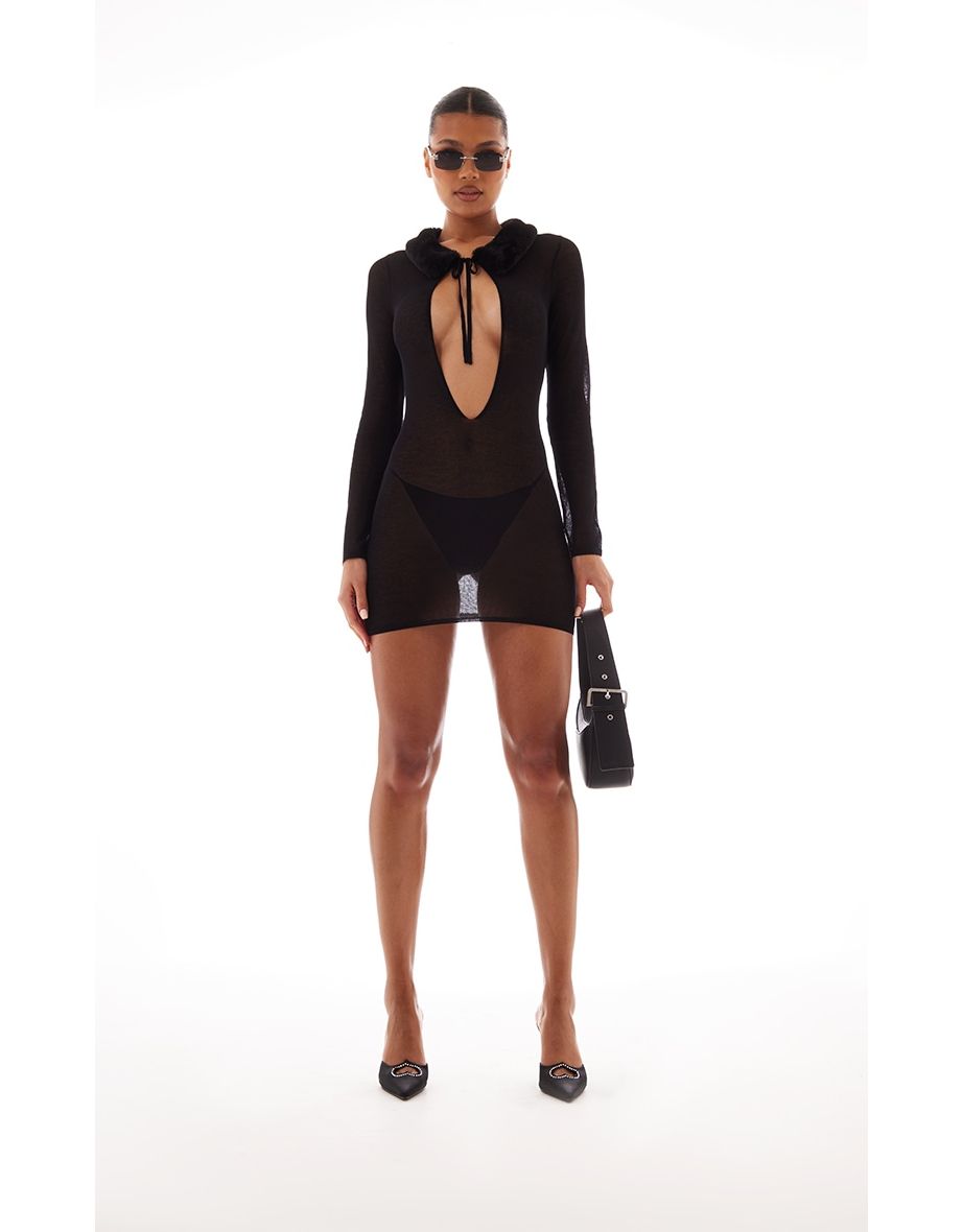Black Faux Fur Collar Sheer Knit Mini Dress
