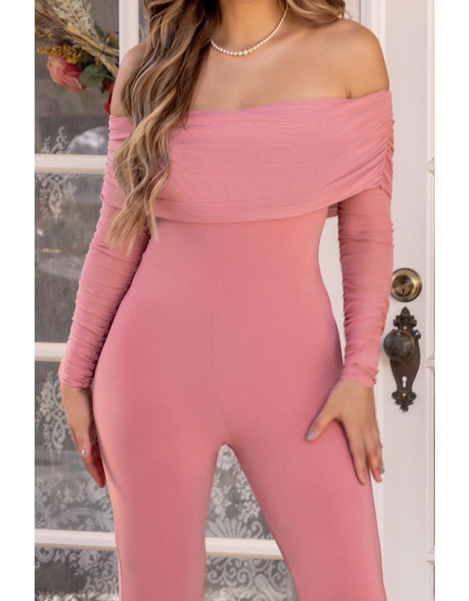 Blush Pink Ruched Mesh Bardot Jumpsuit - 2