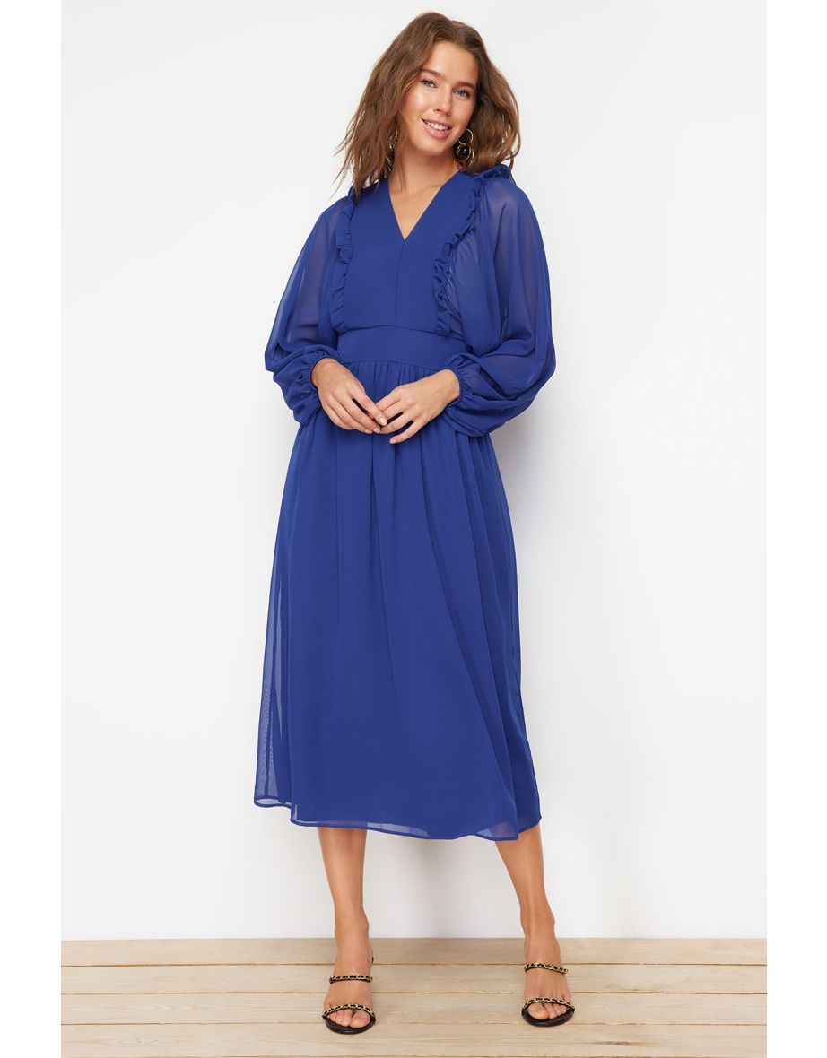 Saxe Blue Minimal Patterned Chiffon Lined Woven Dress