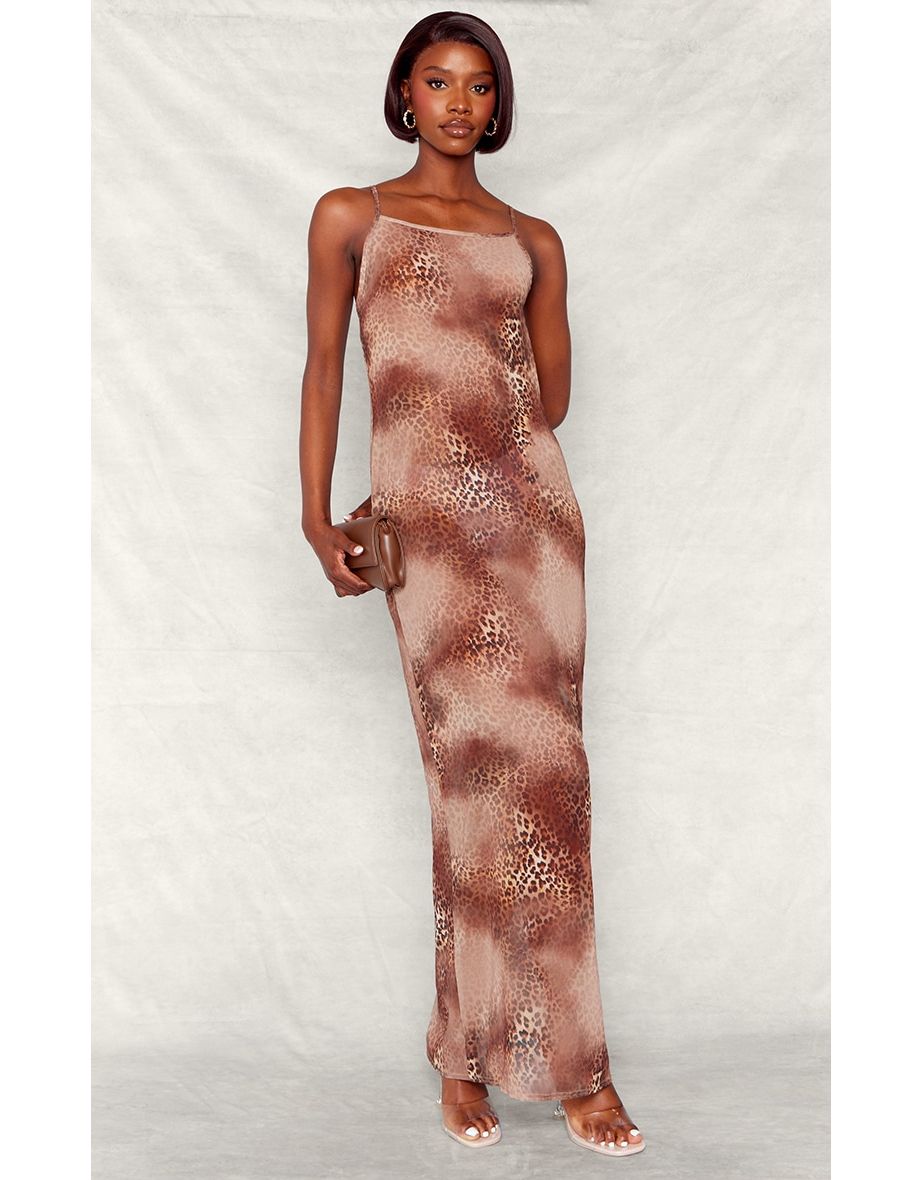 Shop Tall Brown Chiffon Leopard Tie Back Maxi Dress Online in Bahrain VogaCloset