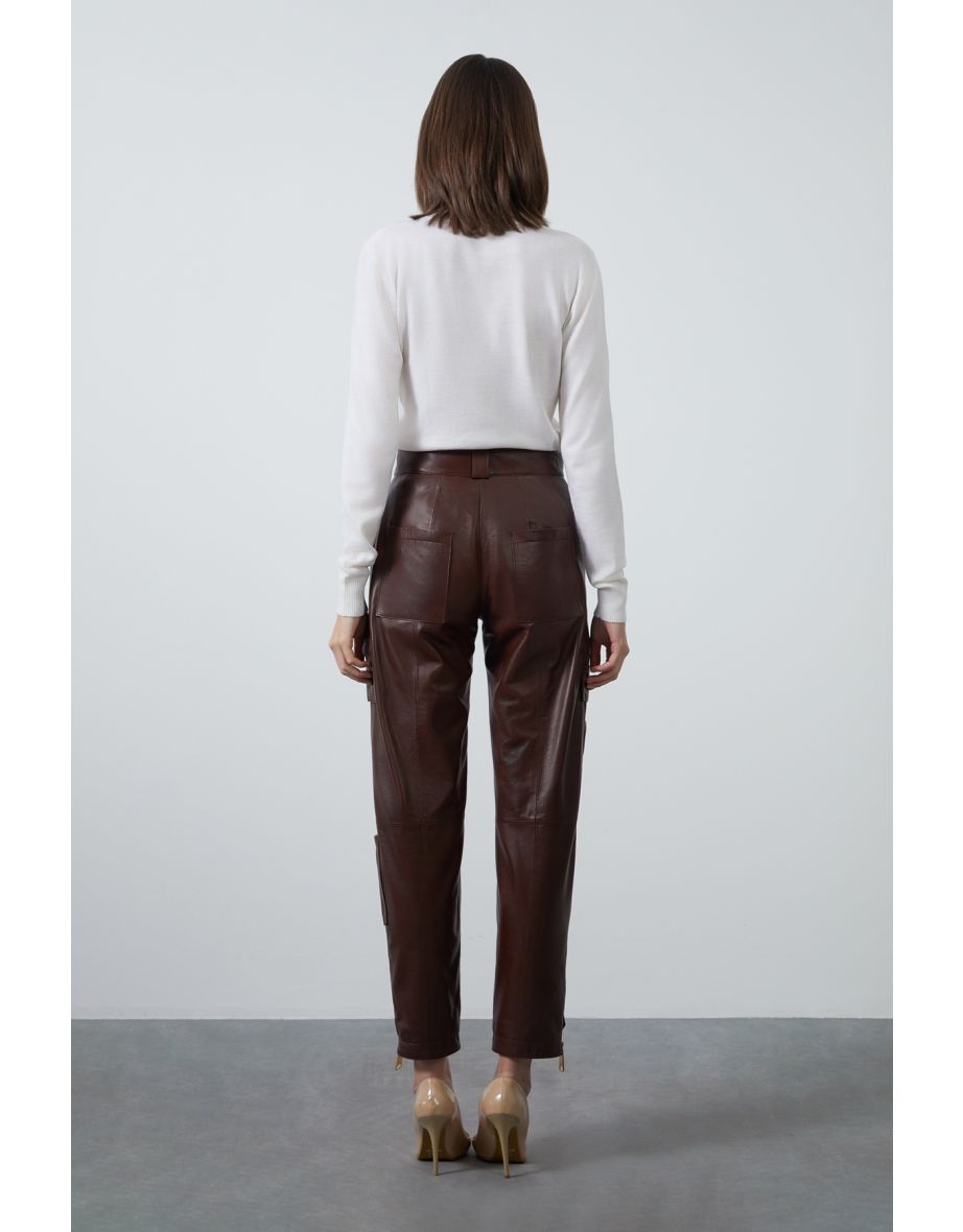 Zipper Detail Brown Leather Pants - 3