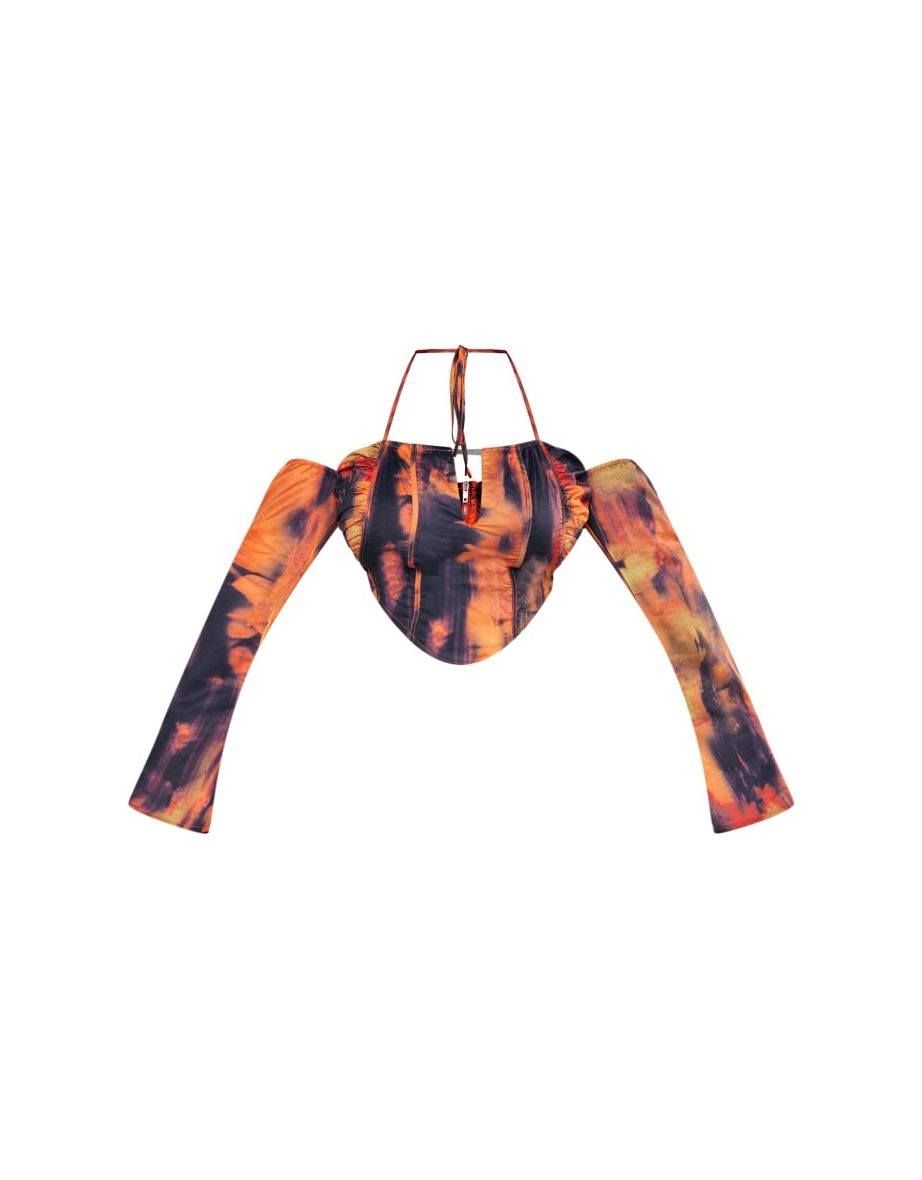 Plus Rust Abstract Printed Long Sleeve Corset Top - 4