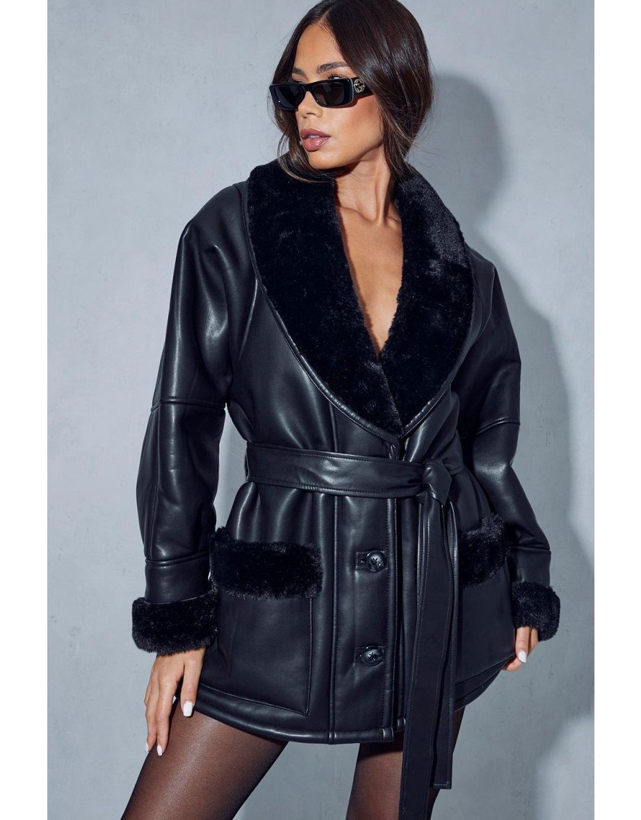 Premium Leather Look Belted Fur Lined Aviator Coat - 3