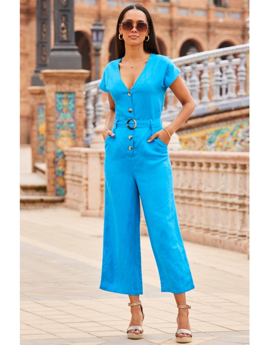 Sky Blue Linen Belted Culotte Jumpsuit