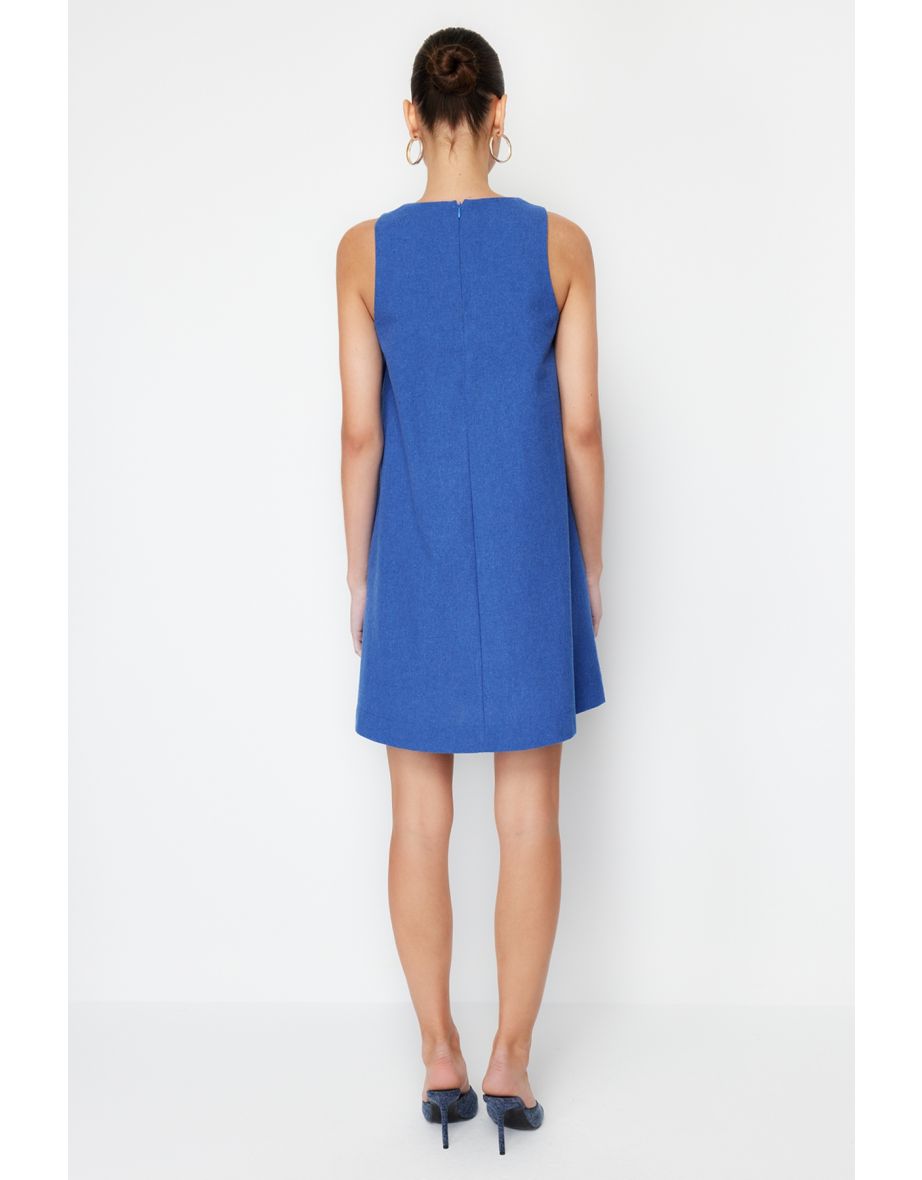 Navy Blue Wide Cut Mini Woven Sleeveless Dress - 5