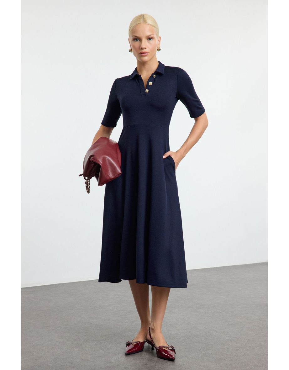 Navy Blue Button-down Collar Three Quarter Sleeve Skater/Waist Open Midi Knit Dress