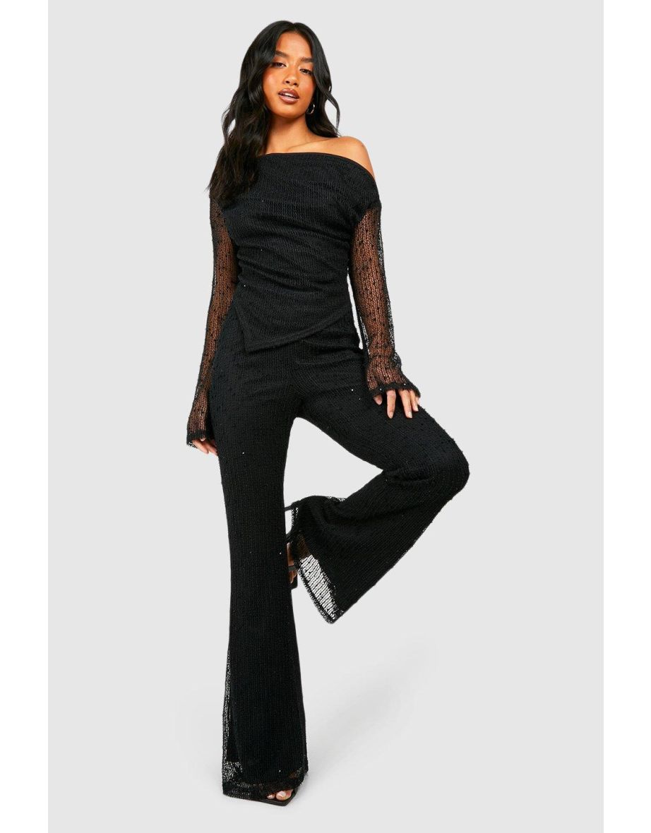 Petite Textured Knit Flare Trouser - black