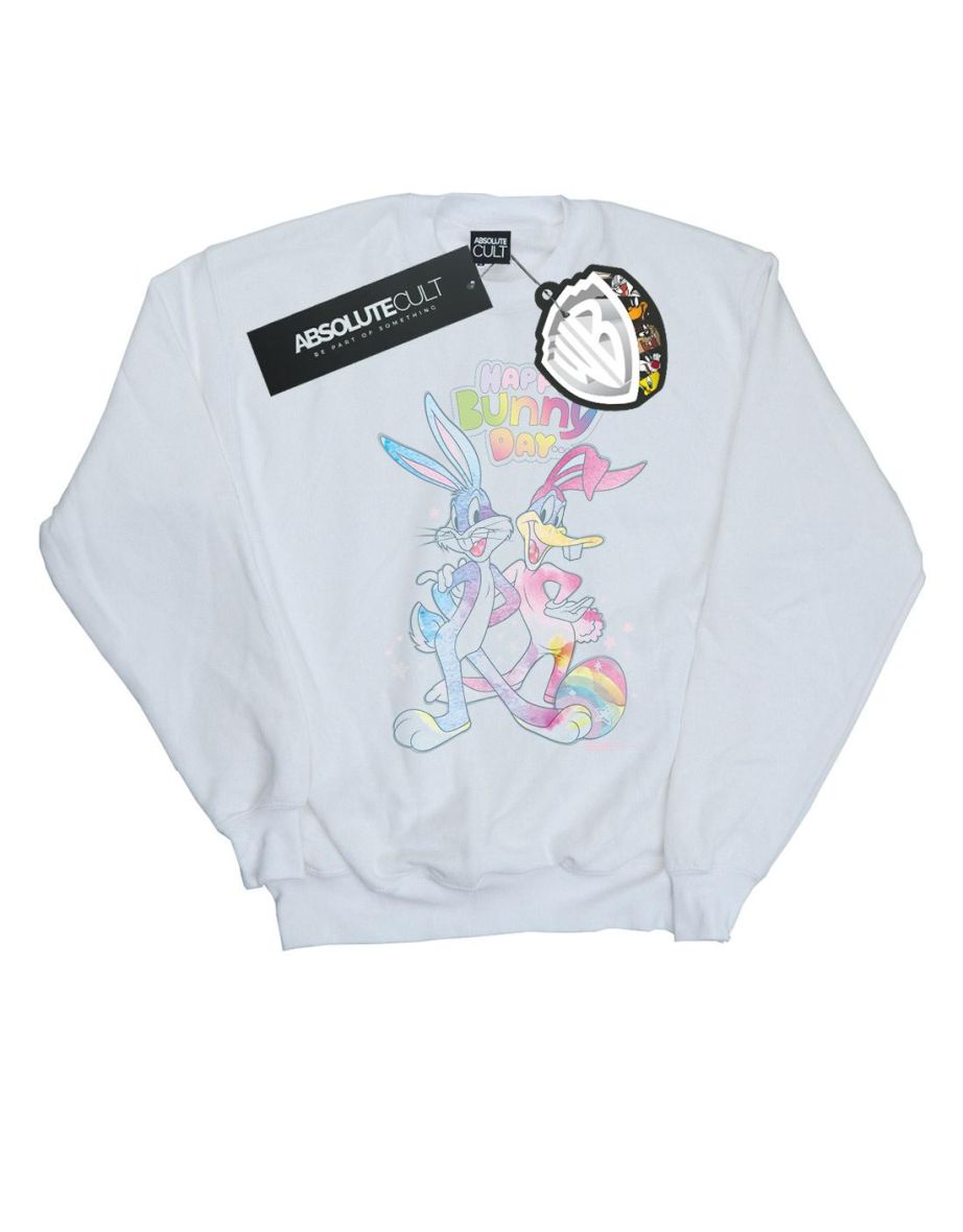 Looney Tunes Girls Bugs And Daffy Happy Bunny Day Sweatshirt - White