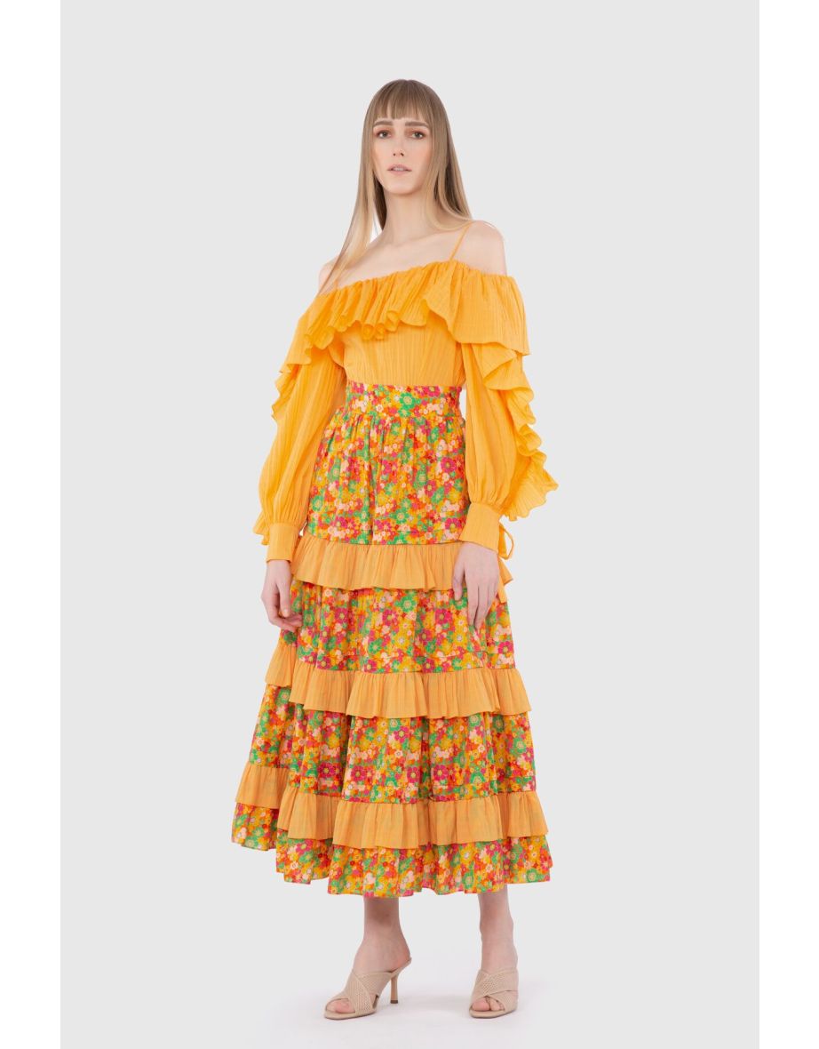 High Waist Crispy Patterned Contrast Fabric Long Orange Skirt