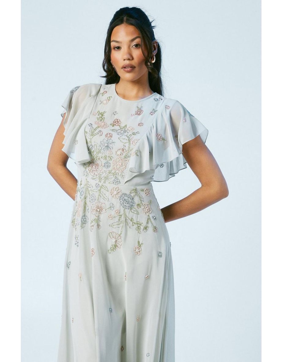 Flutter Sleeve Embellished Ditsy Floral Bridesmaids Dress - 3
