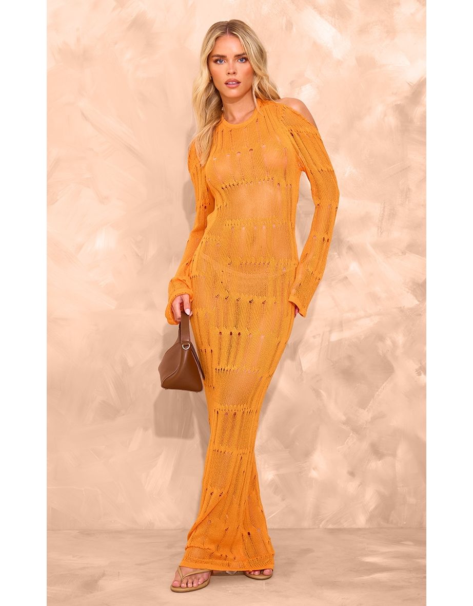 Petite Orange Knitted Open Back Long Sleeve Maxi Dress