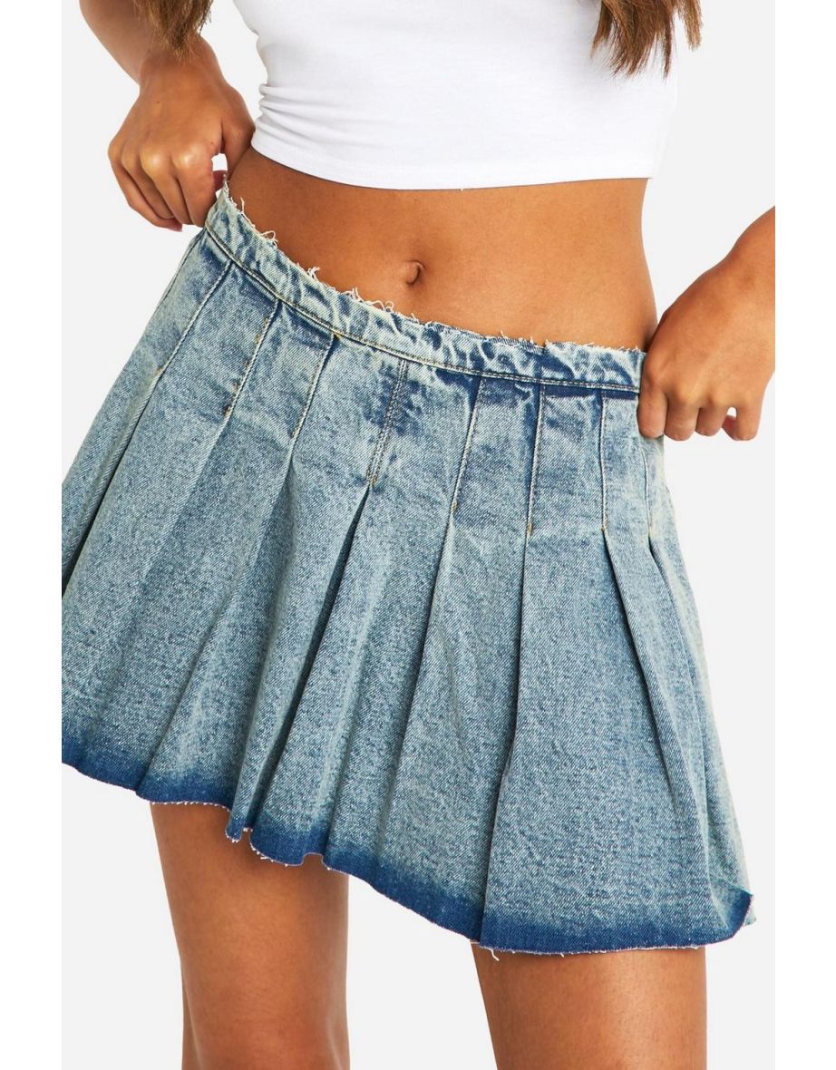 Pleated Micro Mini Denim Skirt - acid wash light blue - 3