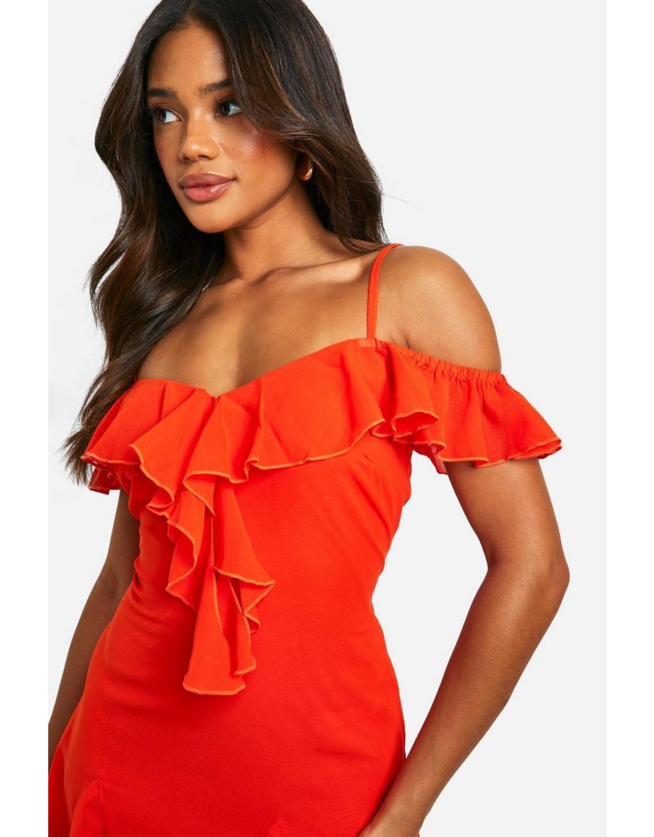 Chiffon Cold Shoulder Mini Dress - orange - 3