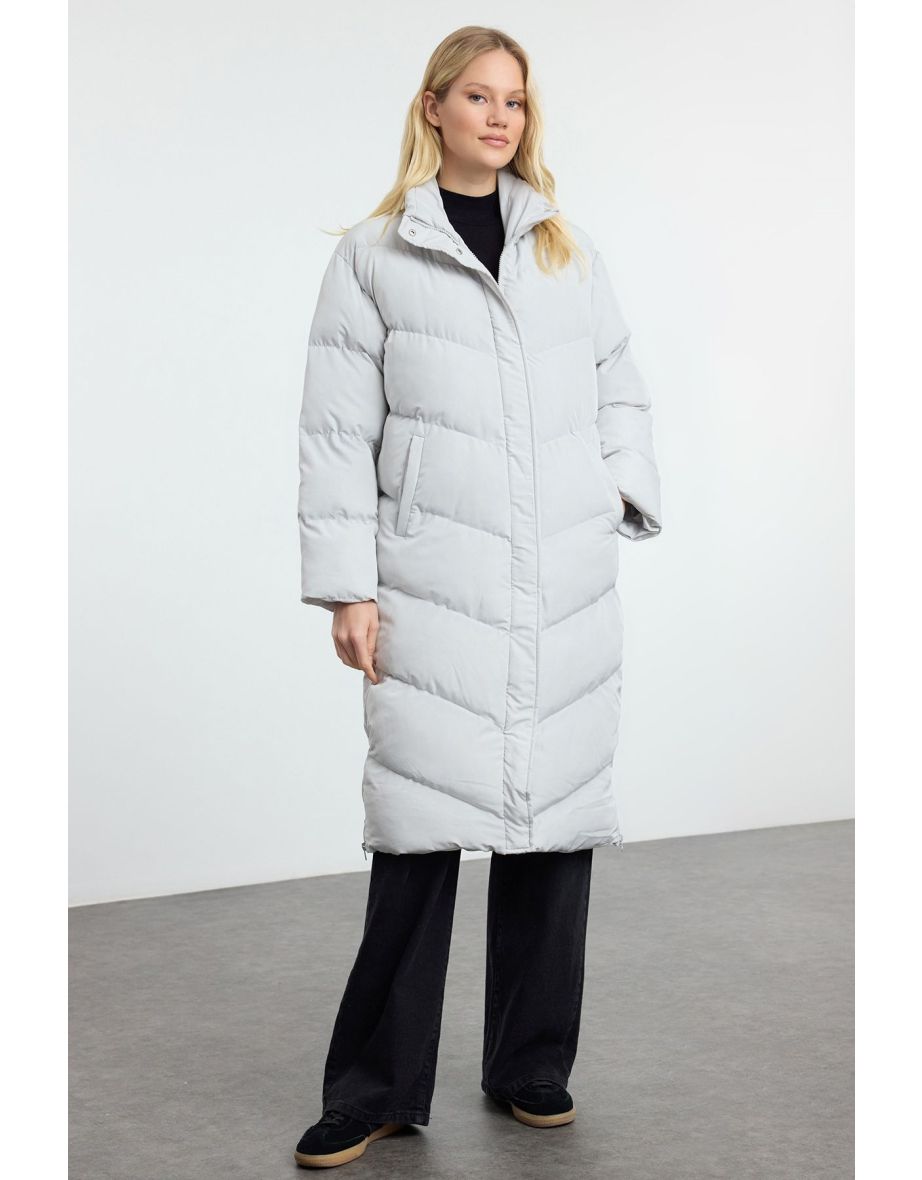 Gray Regular Fit Side Zipper Detailed Water Repellent Long Puffer Jacket