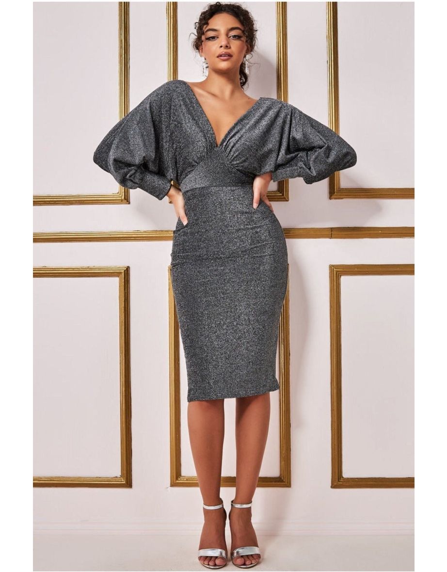 Goddiva Kimono Sleeve Lurex Midi Dress - Silver