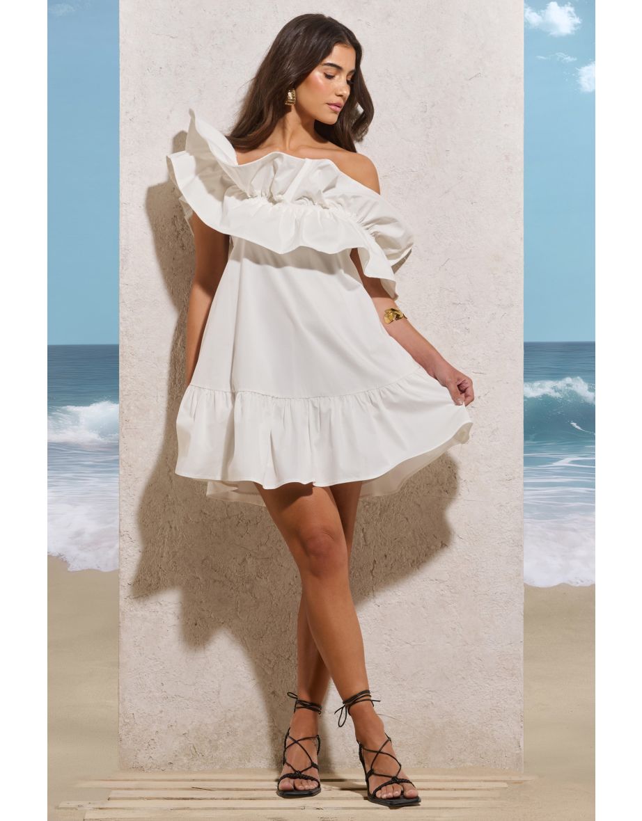 Shop Saylor White Poplin Asymmetric Ruffle Mini Dress Online in Bahrain VogaCloset