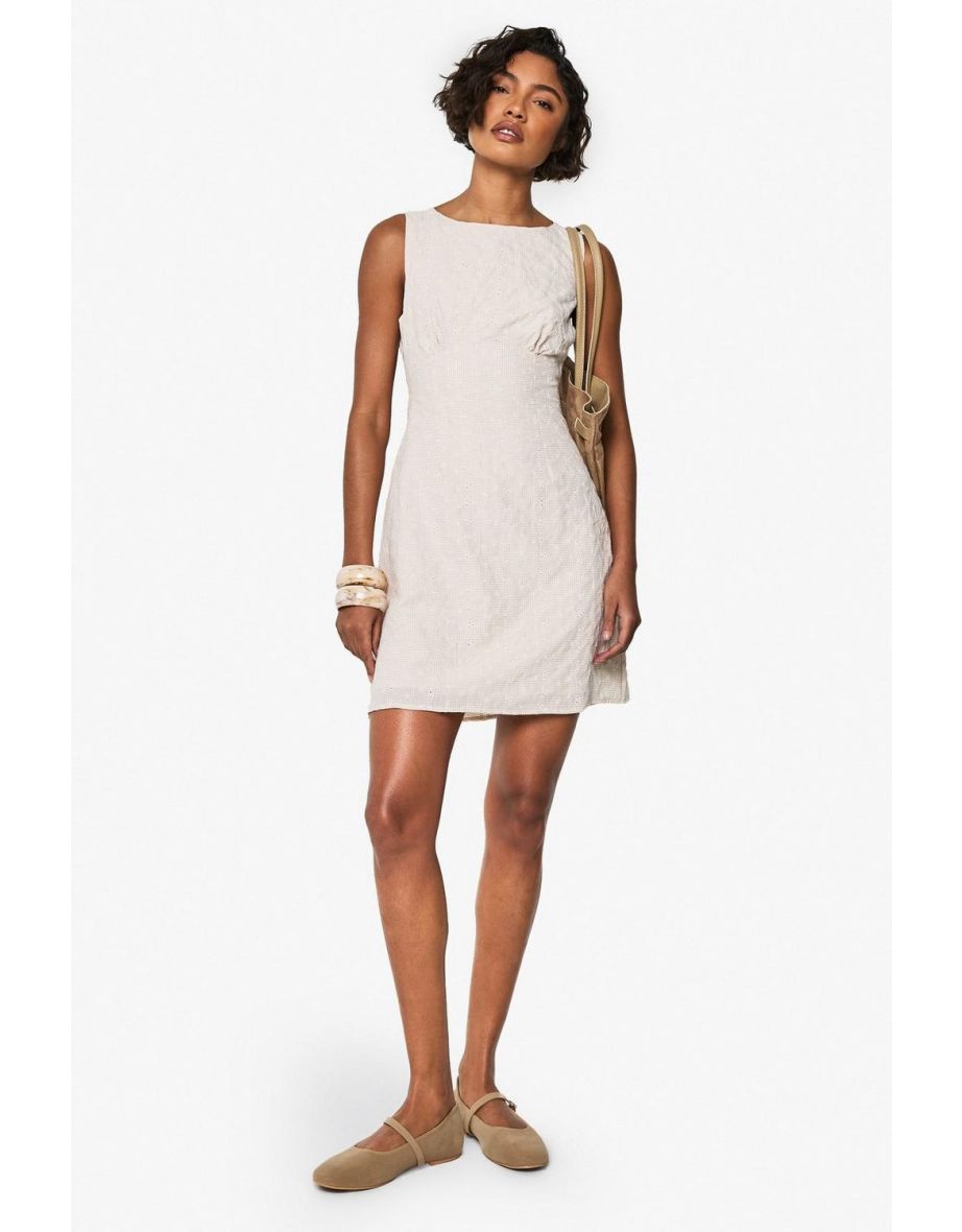 Tall Embroidered Gingham Tie Back Shift Dress - stone