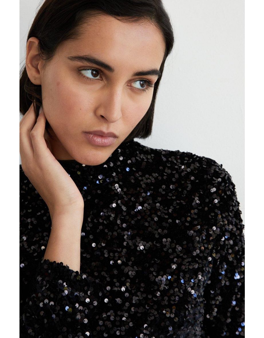 Velvet Sequin Funnel Neck Top