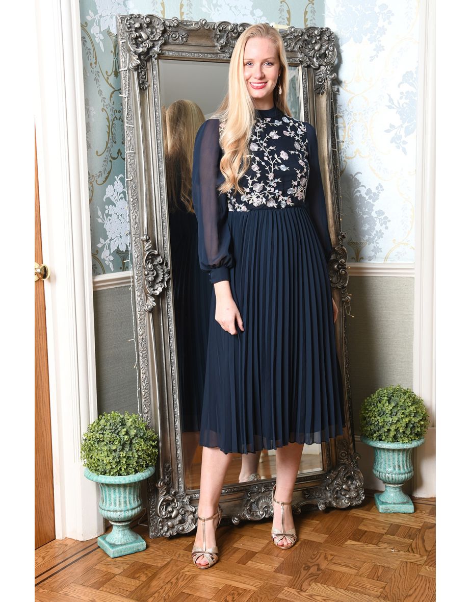 Navy crochet cap sleeve midi outlet dress