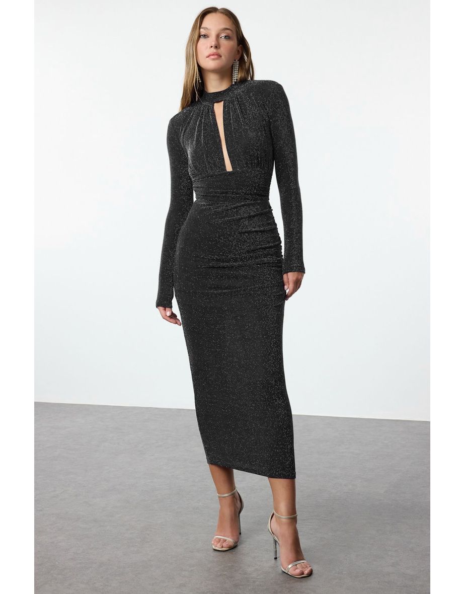 Anthracite Low-Cut Detail Woven Stylish Evening Dress