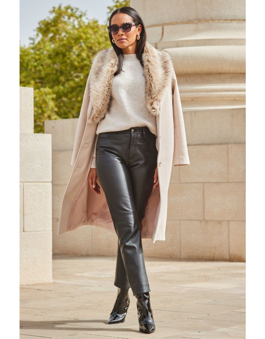 Oatmeal Faux Fur Shawl Collar Longline Coat