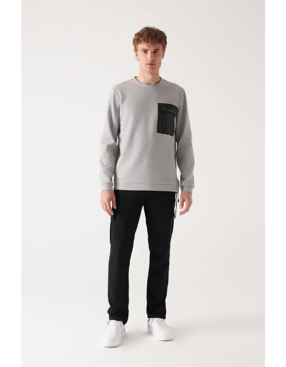 Men's Gray Crew Neck Parachute Fabric Pocket And Slit Detailed Standard Fit Regular Fit Sweatshirt