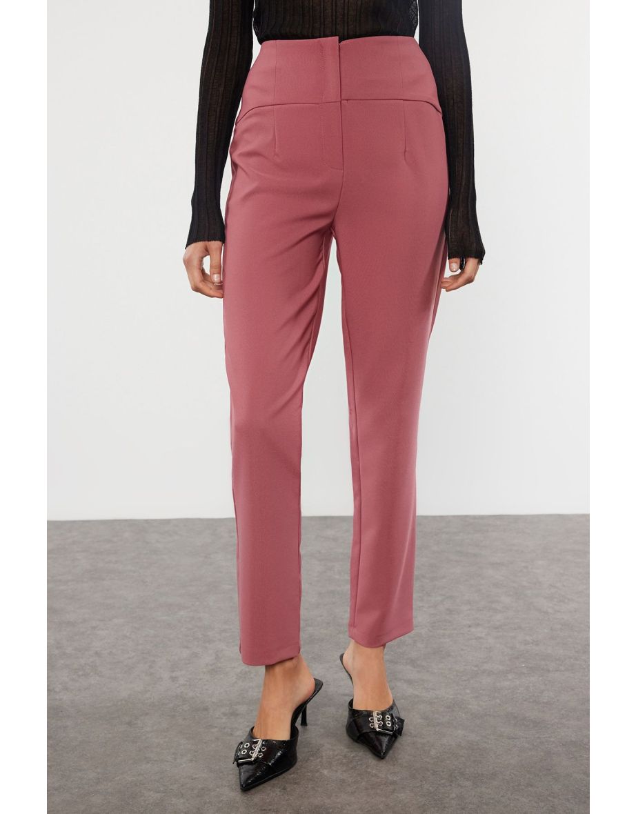 Dark Dusty Rose Cigarette Skinny Leg Waist Seam Detailed Woven Trousers - 6